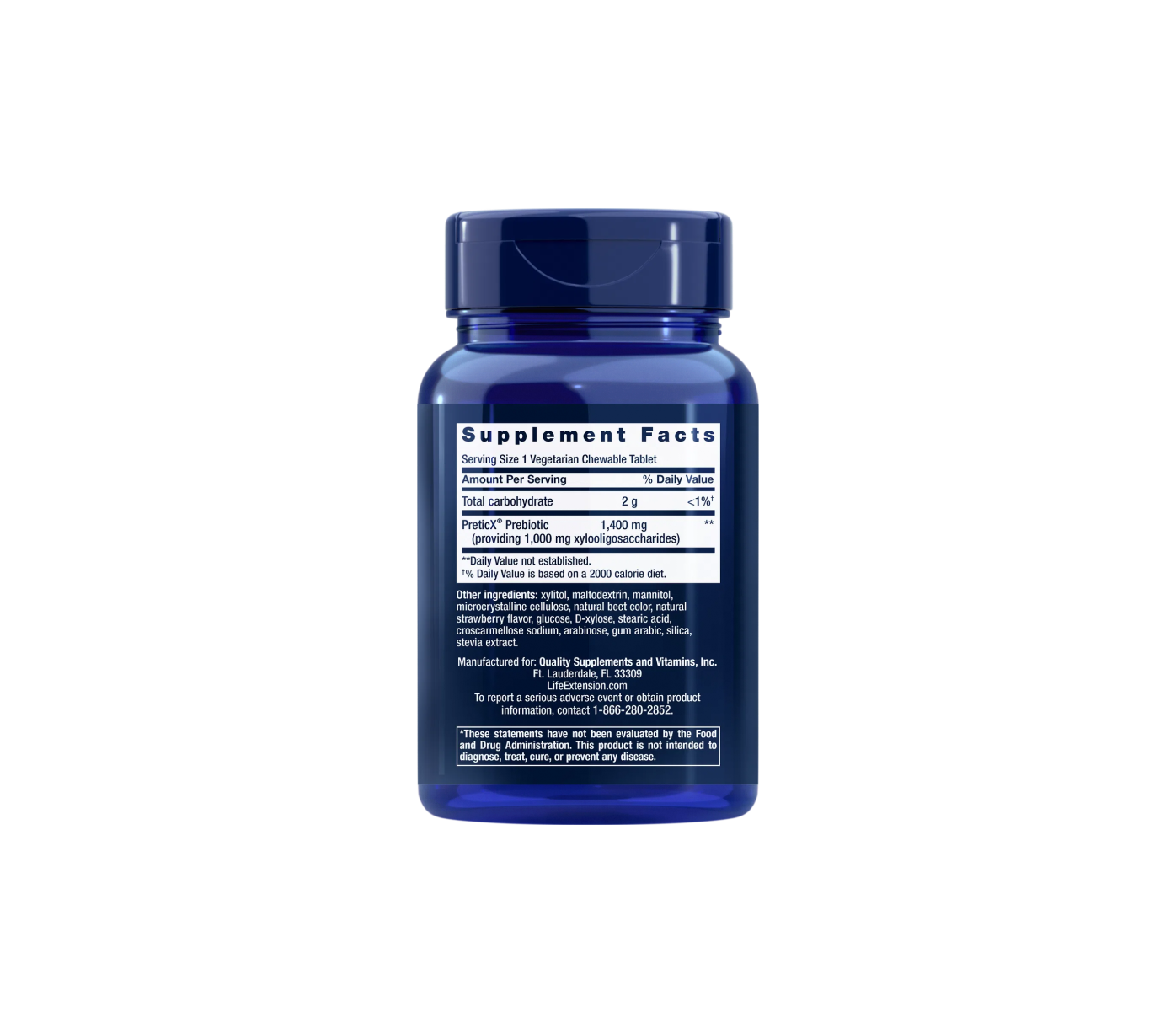 Life Extension FLORASSIST® Prebiotic, 60 chewable strawberry tablets, purified prebiotic fiber, PreticX™, facts
